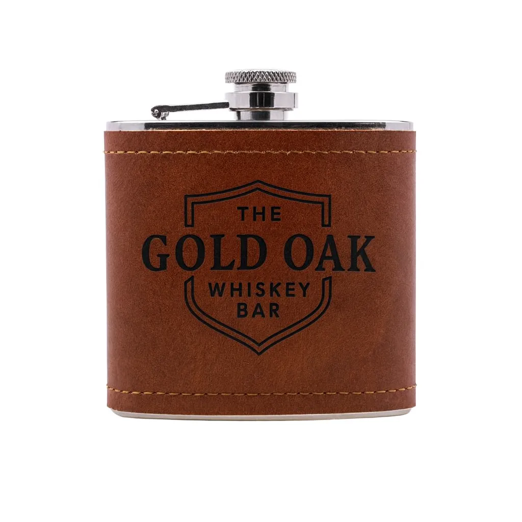6 oz. Rustic Cognac Leather Flask — custom engraved